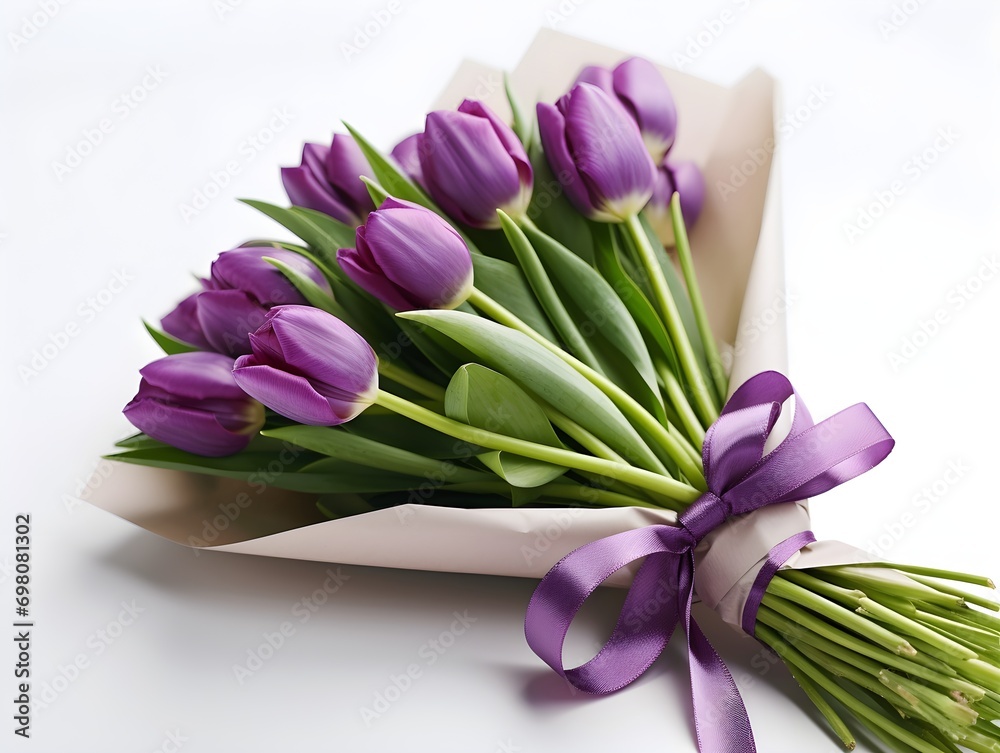 A bouquet of purple tulip flowers wrapped on a white background
