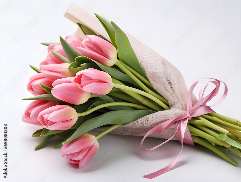 A bouquet of pink tulip flowers wrapped on a white background