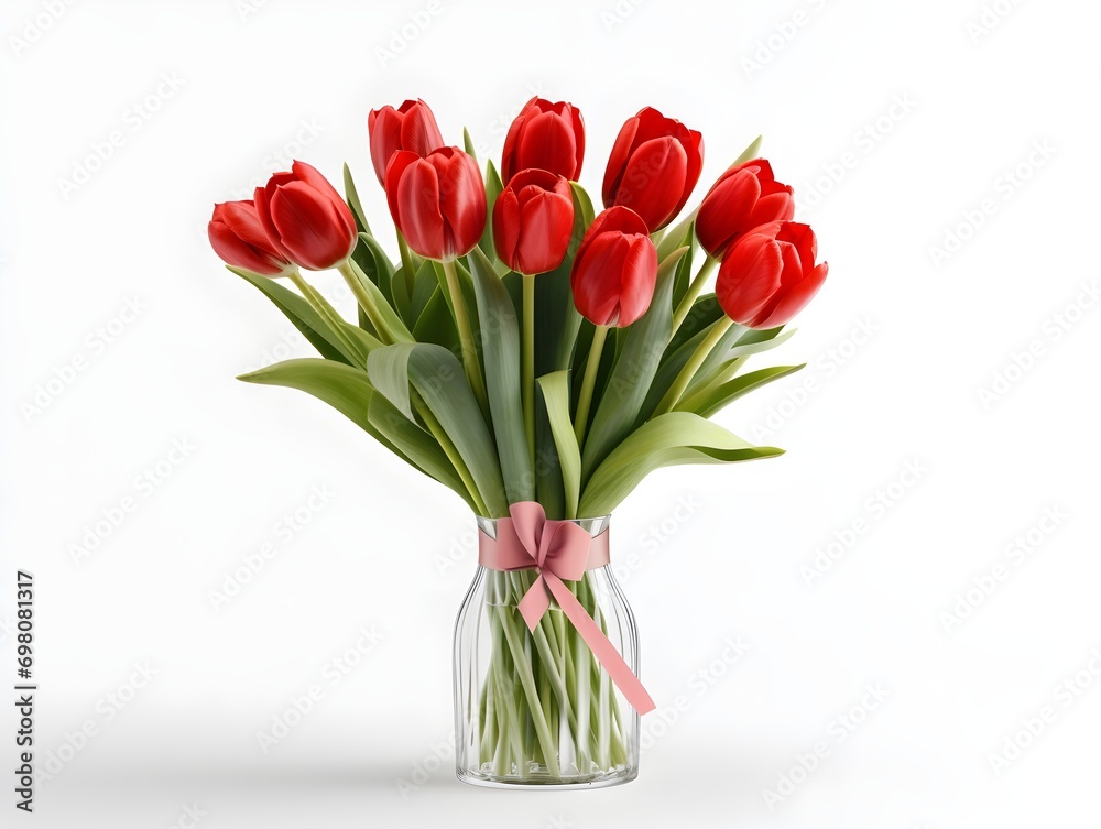 A vase of red tulip flowers on a white background A vase of red tulip flowers on a white background