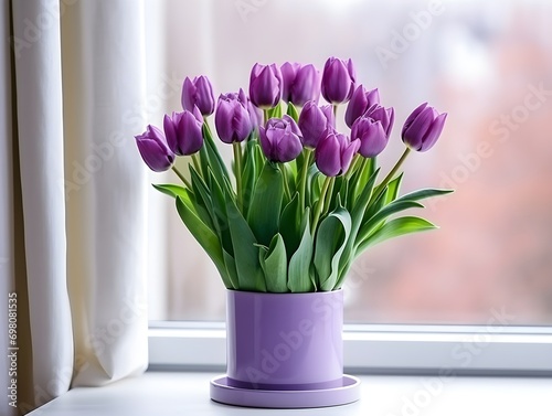 A vase filled with purple tulip flowers on a white table 