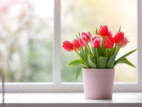 A vase filled with red tulip flowers on a white table 