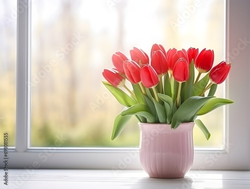 A vase of red tulips near the window sill blurred background