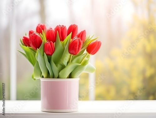 A vase of red tulips near the window sill blurred background
