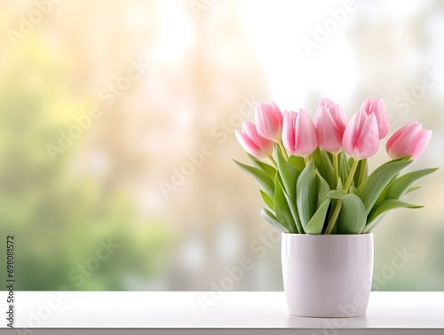 A vase of pink tulips near the window sill blurred background #698081572