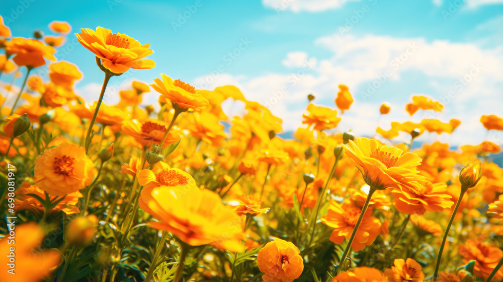 Obraz premium Marigold Meadow: A Peaceful Scene of Blossoming Harmony and Nature�s Glow
