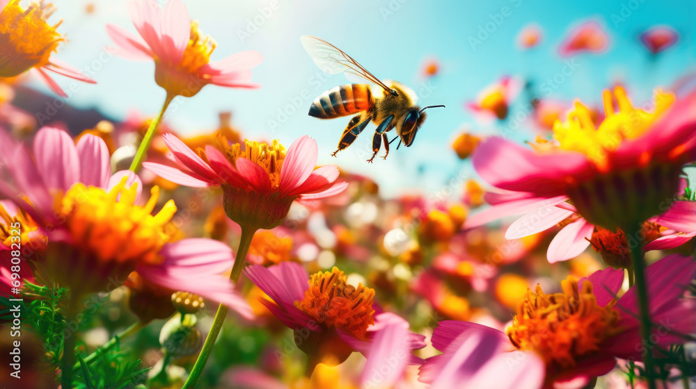 Pollinators Buzzing: A Vibrant Agricultural Scene of Rows of Flowers and Bees
