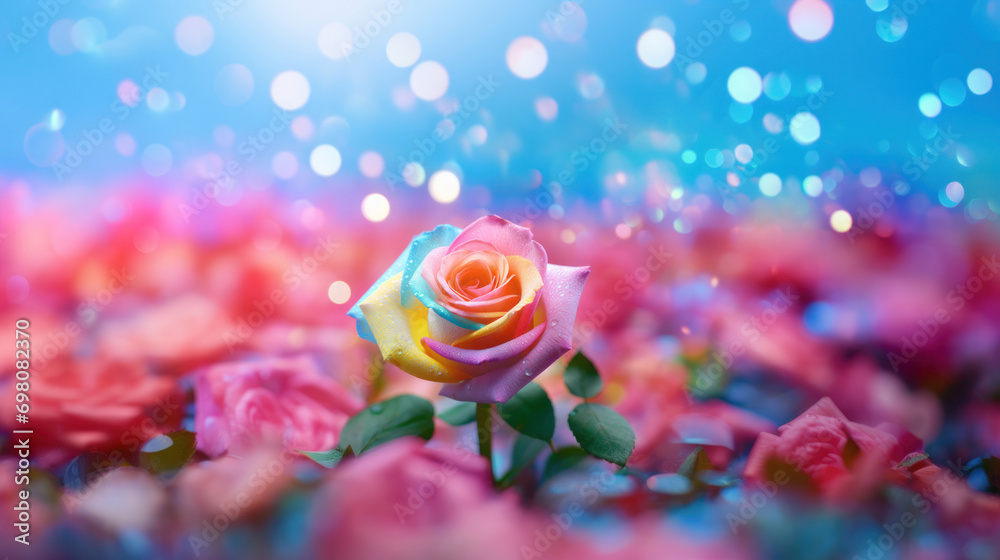 Fototapeta premium A single rainbow rose stands out with its vibrant colors against a dreamy backdrop of sparkling bokeh lights.