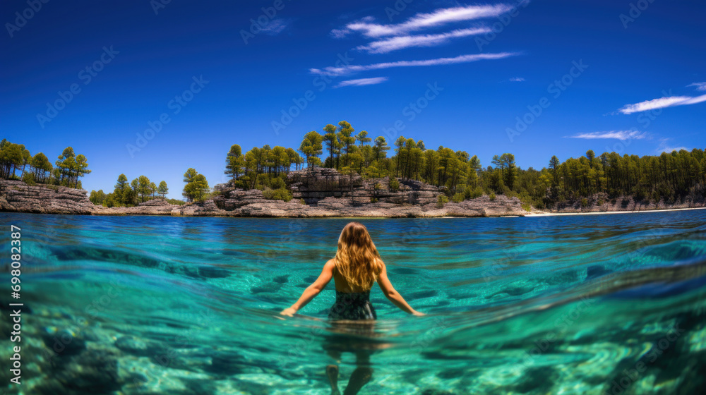 A woman enjoys the crystal-clear waters of a serene lake, with a picturesque rocky shoreline and blue sky overhead.