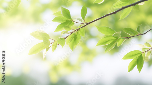 Lush green leaves on a branch, backlit by soft sunlight in a serene atmosphere.