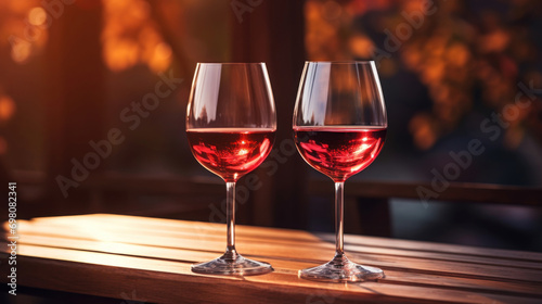 Two glasses of red wine on a wooden table against a warm sunset backdrop.
