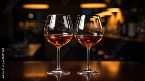 Two stemmed glasses of rose wine set on a polished bar surface with ambient lighting.