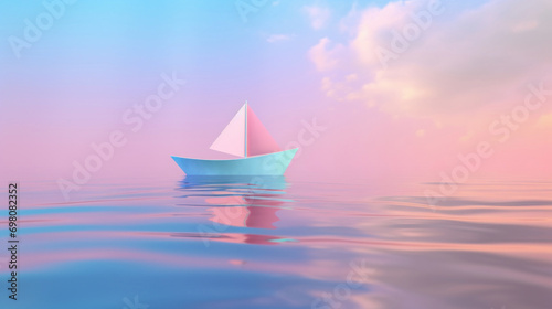 A delicate pastel blue origami paper boat floating on serene pink-hued water under a soft dusk sky.