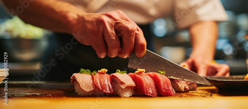 Close-up of sushi chef slicing fatty tuna at a high-end sushi restaurant in Ginza, Tokyo.