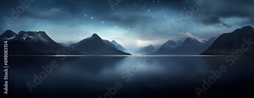 night sky with clouds, lake and stars 
 photo