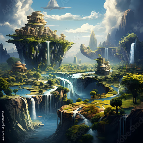 Surreal landscape with floating islands and a cascading waterfall.
