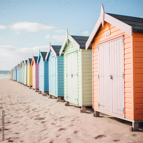 Row of beach huts in pastel colors lining a sandy beach. © Cao