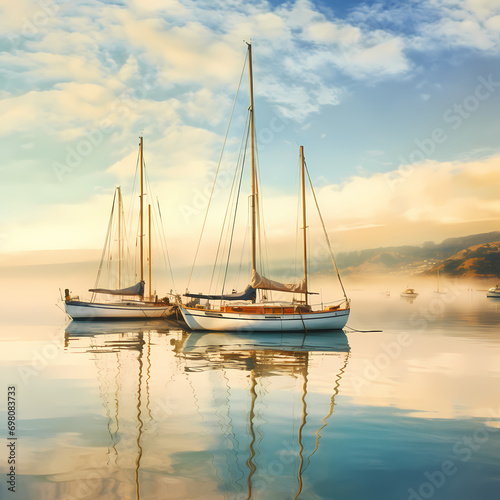 Sailboats anchored in a tranquil bay with reflections dancing on the water. © Cao