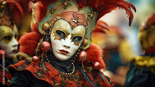 Woman in carnival outfit and mask in a carnival festive parade
