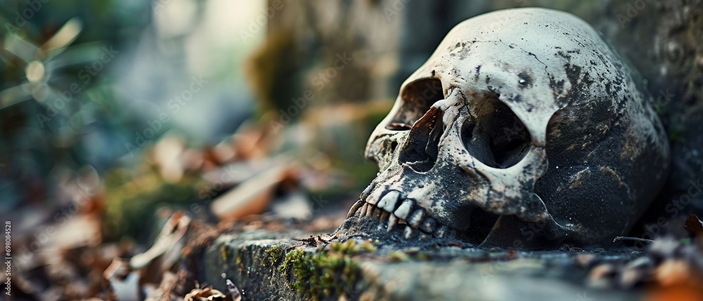 Concept of life and death. Skull close-up