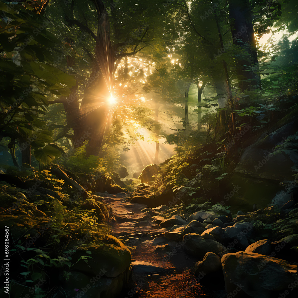 Sunlight filtering through the dense foliage of an enchanted forest.