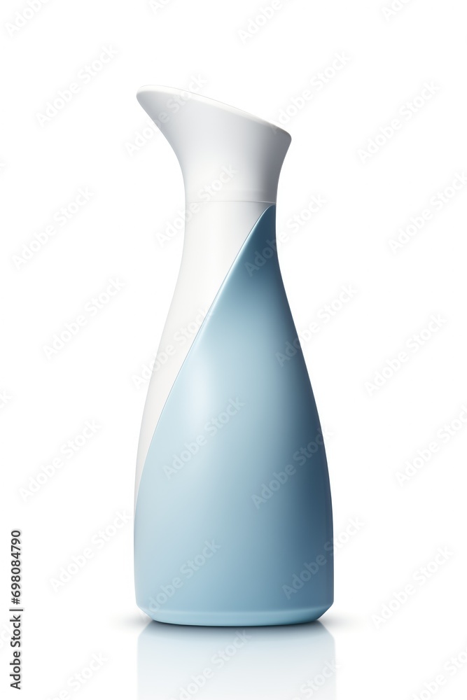 Blue glass bottle with intricate design on a smooth surface, reflecting light. Pure white background enhances the lifelike details Blue glass bottle with intricate design on a smooth surface, reflecting light. Pure white background enhances the lifelike details