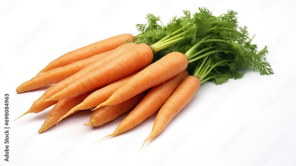 Fresh, vibrant carrots with leafy tops on a clean white background Fresh, vibrant carrots with leafy tops on a clean white background