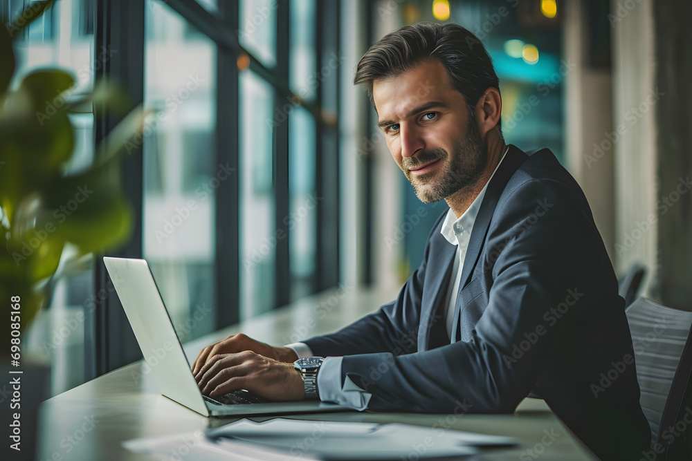 Fototapeta premium a smiling buisnessman in suit sitting in front of a laptop at workplace