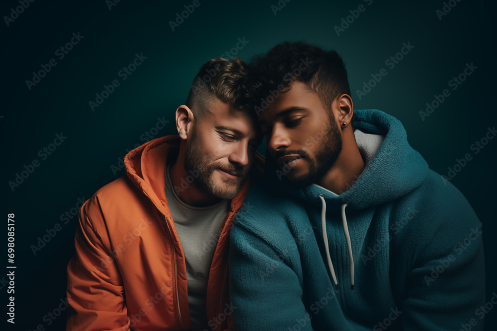 Multiethnic happy gay couple against studio background. Diversity, Lgbtq people concept. Copy space