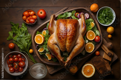Christmas Turkey on Wooden Tray with Salad and Oranges, next to Kitchen Bowls with Salad and Tomatoes