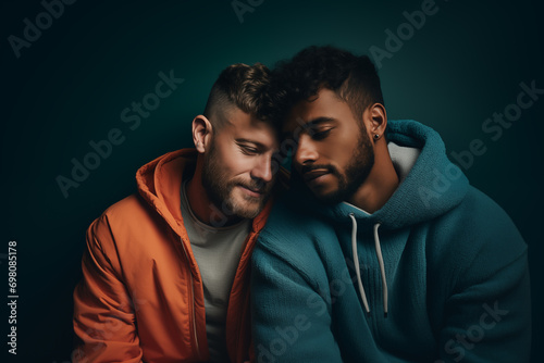 Multiethnic happy gay couple against studio background. Diversity, Lgbtq people concept. Copy space
