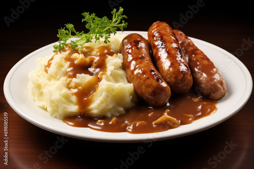 A plate of sausage and mashed potatoes, with cabbage and onion gravy, commonly known as 