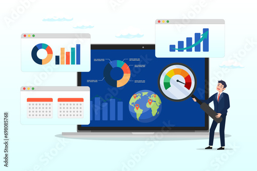 Businessman analyst with magnifying glass analyse data on computer laptop, market research data analysis, analyse business data or financial report, SEO analytics or profit and earning (Vector)