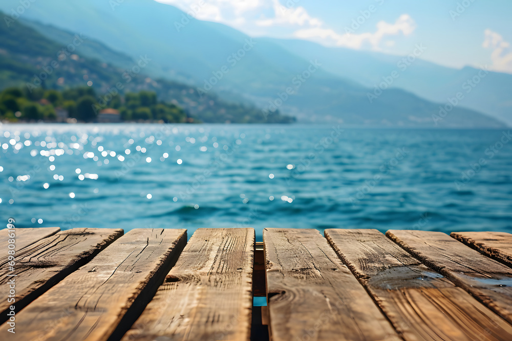 a rustic wooden deck  over sea in moutains