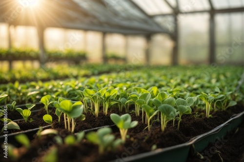 Plantation of fresh green sprouts in a greenhouse. Soft sunny background. Concept of growing flowers, agribusiness, spring time. AI generated photo