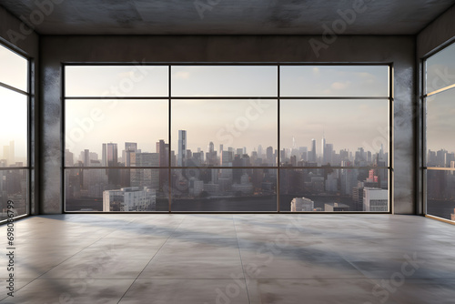 empty living room with  view to city skyline photo