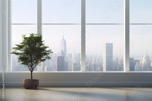 empty living room with plants and view to city skyline