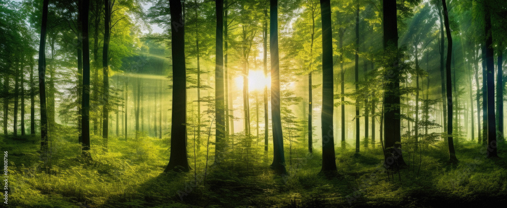 Obraz premium Forest panorama with sunbeams in the morning, nature series