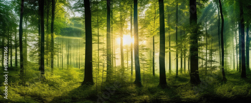 Forest panorama with sunbeams in the morning, nature series