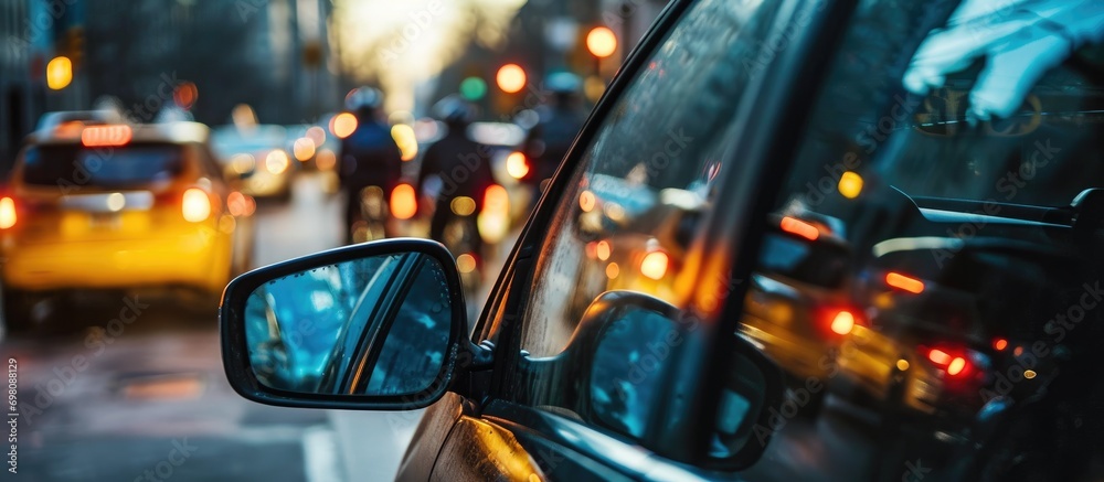 Blurry photo of people on bicycles in city traffic seen in car's side mirror. Blurry photo of people on bicycles in city traffic seen in car's side mirror.