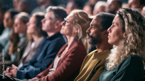 A diverse audience listening attentively to a thought-provoking presentation