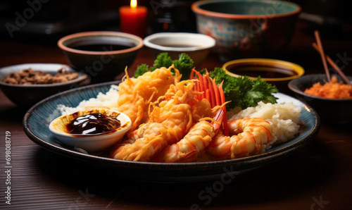 Authentic Japanese cuisine: tempura shrimp with traditional sides and dipping sauce, served on a ceramic plate