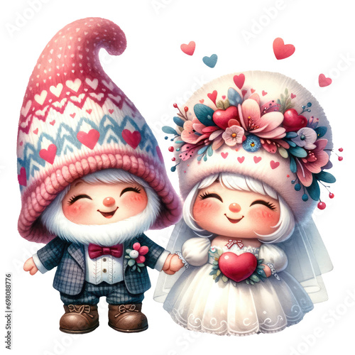 Cute Gnome Couple Wedding Valentine Watercolor Clipart Illustration