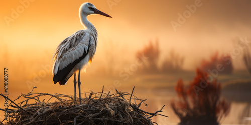 A solitary stork stands gracefully on its nest during a misty sunrise in a tranquil wetland sanctuary