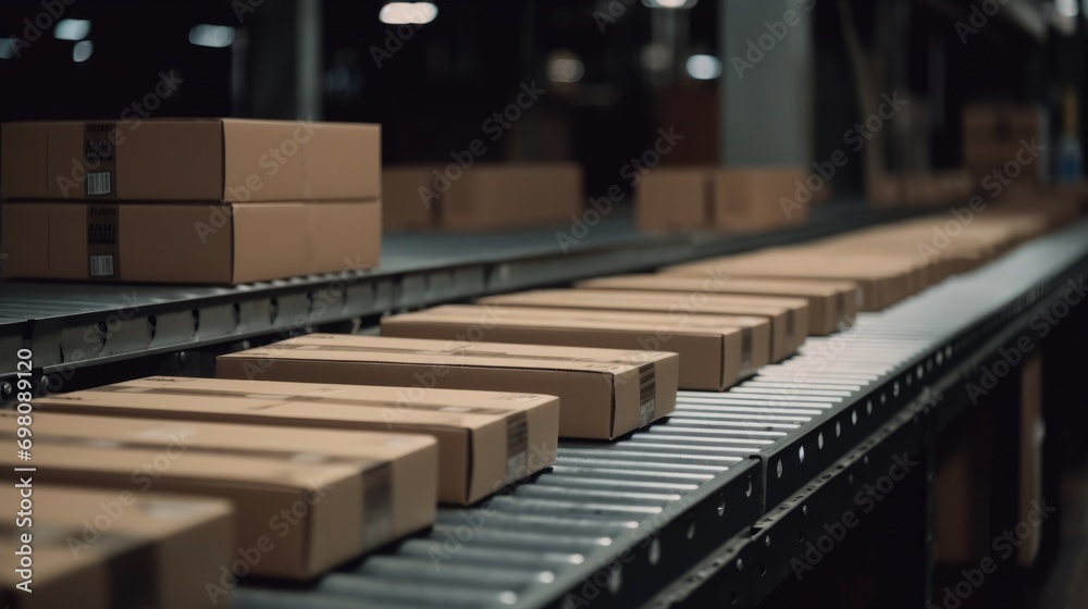 Closeup of multiple cardboard box packages seamlessly moving along a conveyor belt in a warehouse fulfilment center. Delivery concept. Storehouse concept. Box concept. Logistic concept. Moving concept