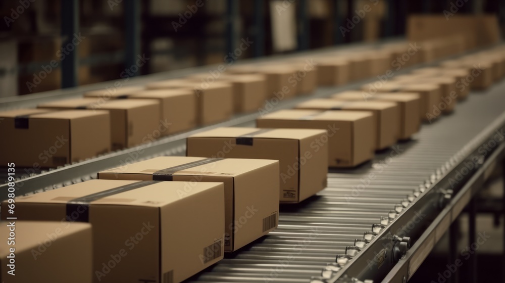 Closeup of multiple cardboard box packages seamlessly moving along a conveyor belt in a warehouse fulfilment center. Delivery concept. Storehouse concept. Box concept. Logistic concept. Moving concept Closeup of multiple cardboard box packages seamlessly moving along a conveyor belt in a warehouse fulfilment center. Delivery concept. Storehouse concept. Box concept. Logistic concept. Moving concept