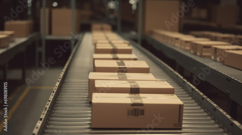 Closeup of multiple cardboard box packages seamlessly moving along a conveyor belt in a warehouse fulfilment center. Delivery concept. Storehouse concept. Box concept. Logistic concept. Moving concept