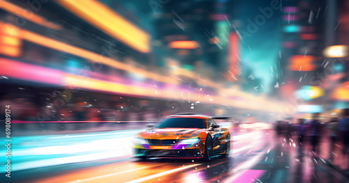 Beautiful blurred street of race track evening city lights. Abstract racing defocused background