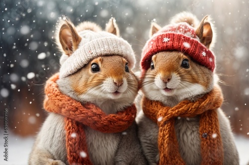 Two cute squirrels in knitted hats and scarves hugging each other under falling snowflakes. Concept of love, friendship, family, Valentine's day. AI generated