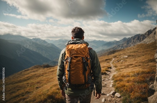 Man hiking at sunset mountains with heavy backpack Travel Lifestyle wanderlust adventure concept summer vacations outdoor alone into the wild. AIgenerated