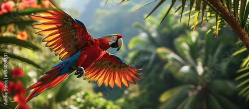 Vibrant parrot soaring in tropical scenery.